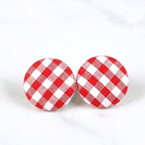 Red Earrings, Gingham Earrings - Fabric Button Earrings, Button Stud Earrings, Textile Earrings - choice of 6 sizes