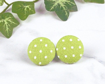 Green Polka Dot Earrings - Green Button Stud - Fabric Covered Button Post Earrings - choice of 5 sizes