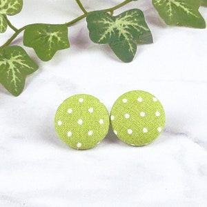 Green Polka Dot Earrings - Green Button Stud - Fabric Covered Button Post Earrings - choice of 5 sizes