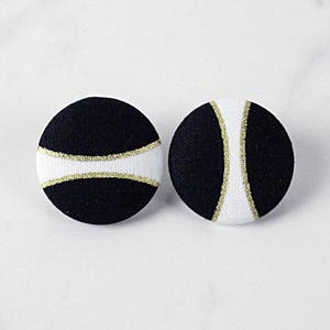 Black White Earrings - Statement Earrings, Black White Gold Covered Button Earrings