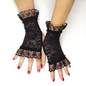 Guantes negros sin dedos - Guantes negros de encaje - Guantes victorianos - Accesorio de boda gótico - Disfraz steampunk imagen 3