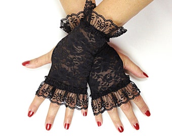 Black Fingerless Gloves - Black Lace Gloves - Victorian