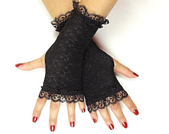 Luvas pretas de renda sem dedos, estilo steampunk feminino, acessório gótico de renda, fantasia para cosplay.