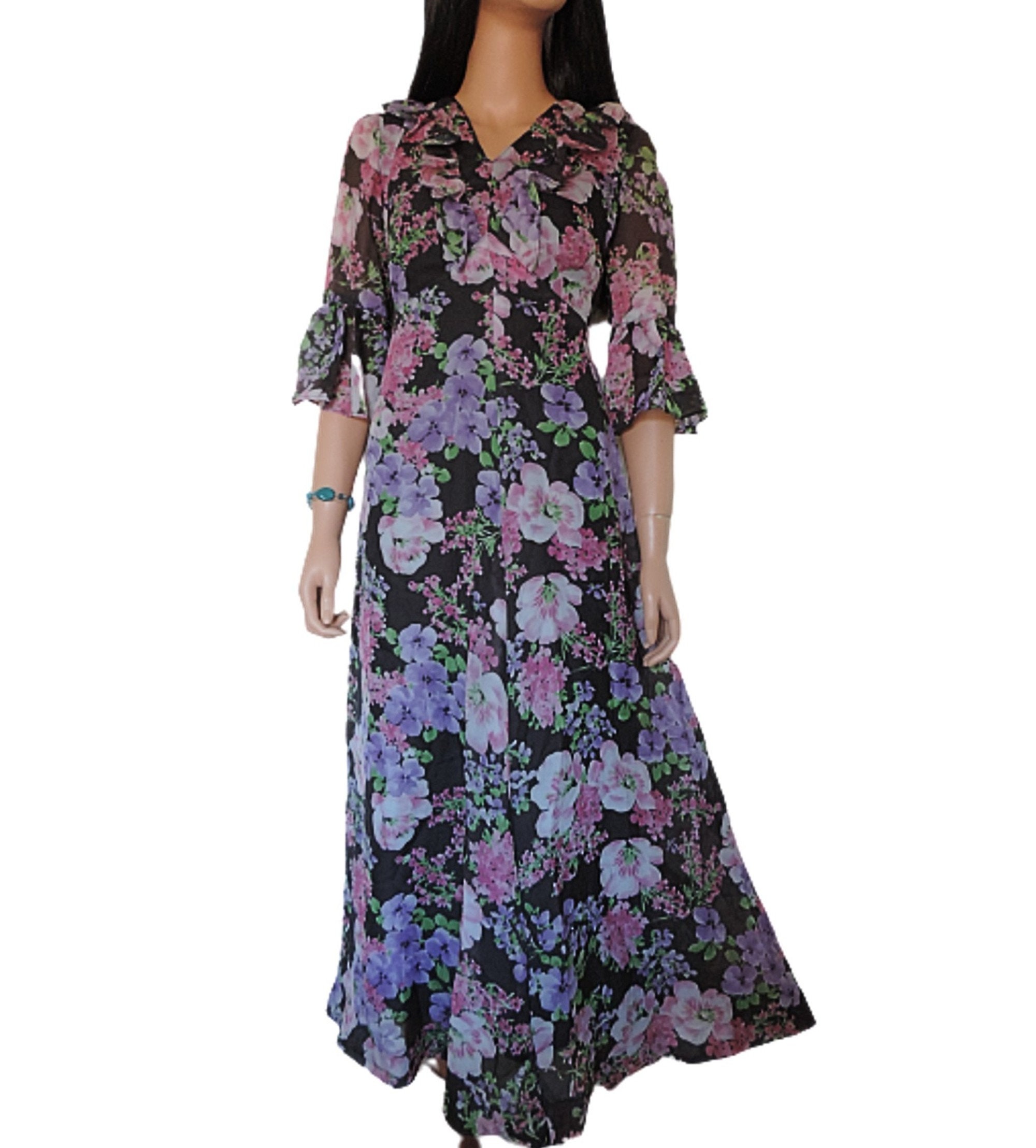 Image of Bohemian Hippie Maxi Dress, Ruffled Neck & Bell Sleeves, Vintage S Boho Floral Dress in Pinks + Purples, Uk  Us