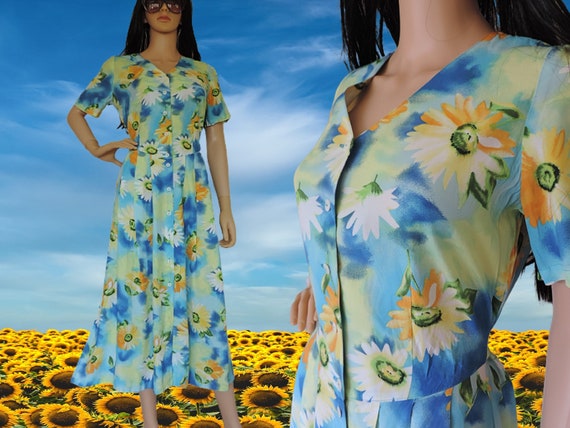 80s Midi Shirtdress in Blue With Yellow Sunflower Print - Etsy