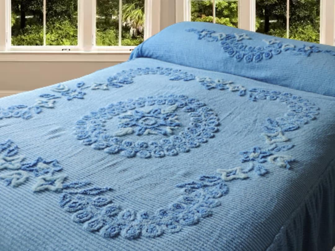 60s 70s DOUBLE Candlewick Bedspread in BLUE Vintage Chenille Etsy UK