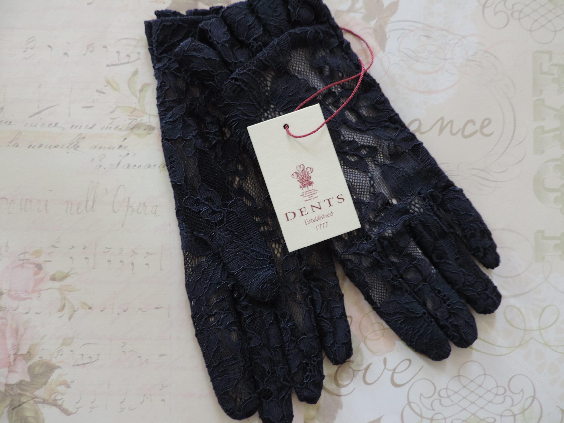 Lace Gloves by Dents Frilly Cuff Dark Blue Ladies Lacy Gloves 