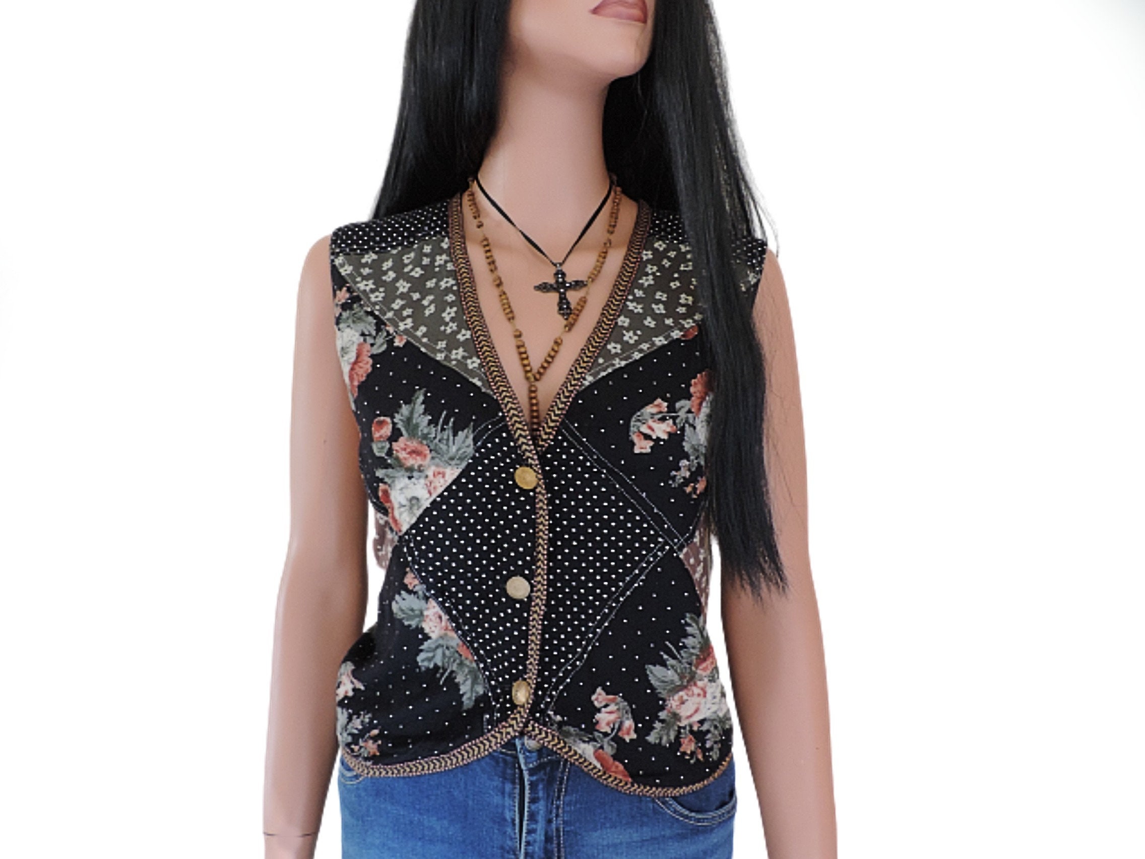 Image of Patchwork Hippie Top, Bohemian Waistcoat, Womens Peasant Folk Vest, Boho Festival Fashion, Sleeveless Prairie Top