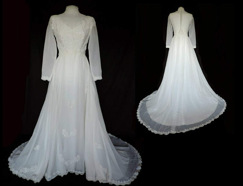 60s Wedding Dress In White Chiffon Lace Long Vintage Etsy