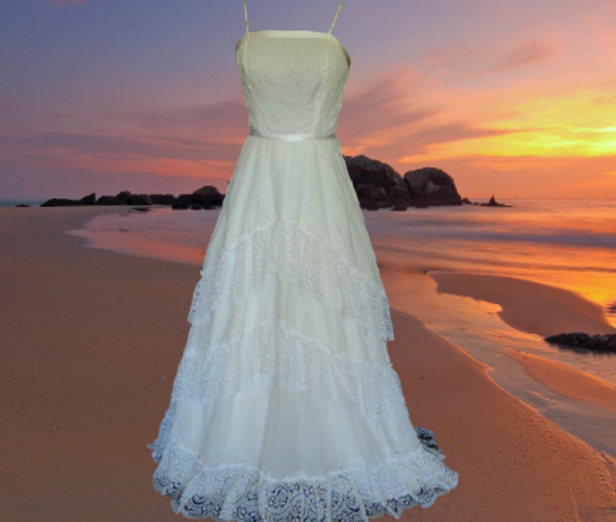 Image of Bohemian White Wedding Maxi Dress, Boho Gown Summer Cotton Spaghetti Strap Beach Uk