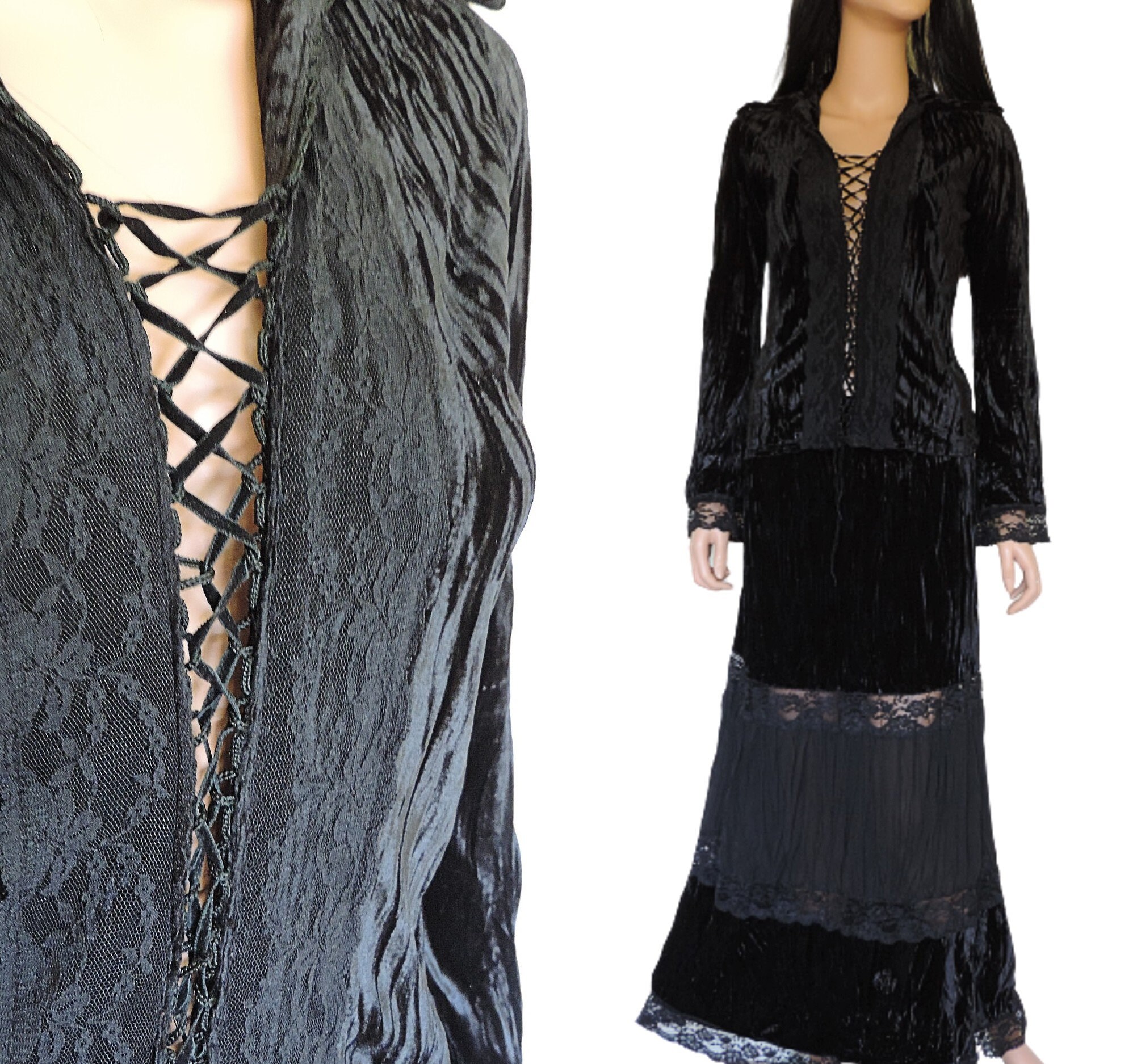 Image of Black Velvet & Lace Gothic Skirt With Top, Steampunk Maxi Medieval Inspired Blouse, Wedding, Vintage S  Piece