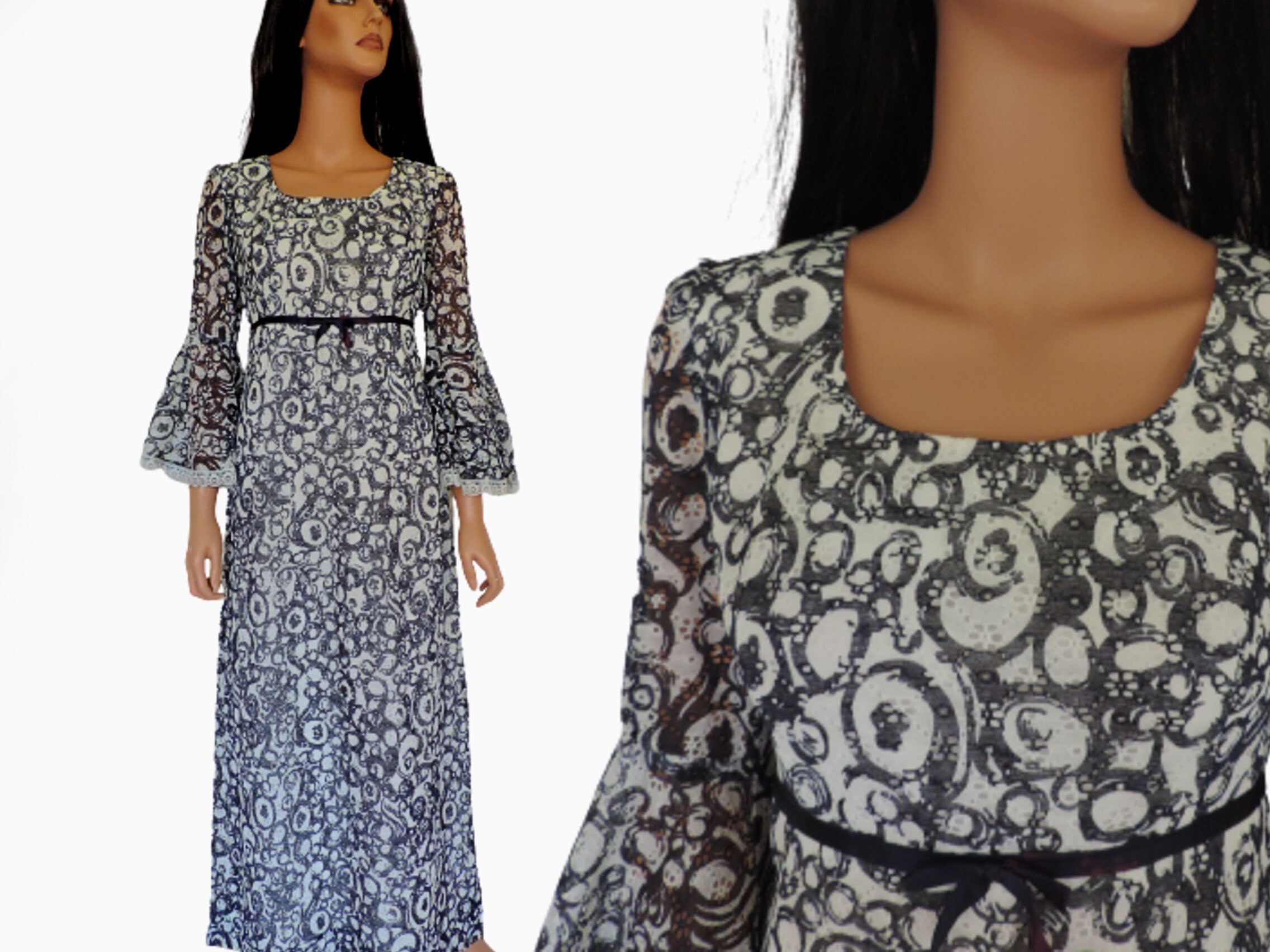 Image of Boho Hippie Maxi Dress, Long Lace Dress With Flared Bell Sleeves, Vintage S Blue, White Bohemian Festival Original