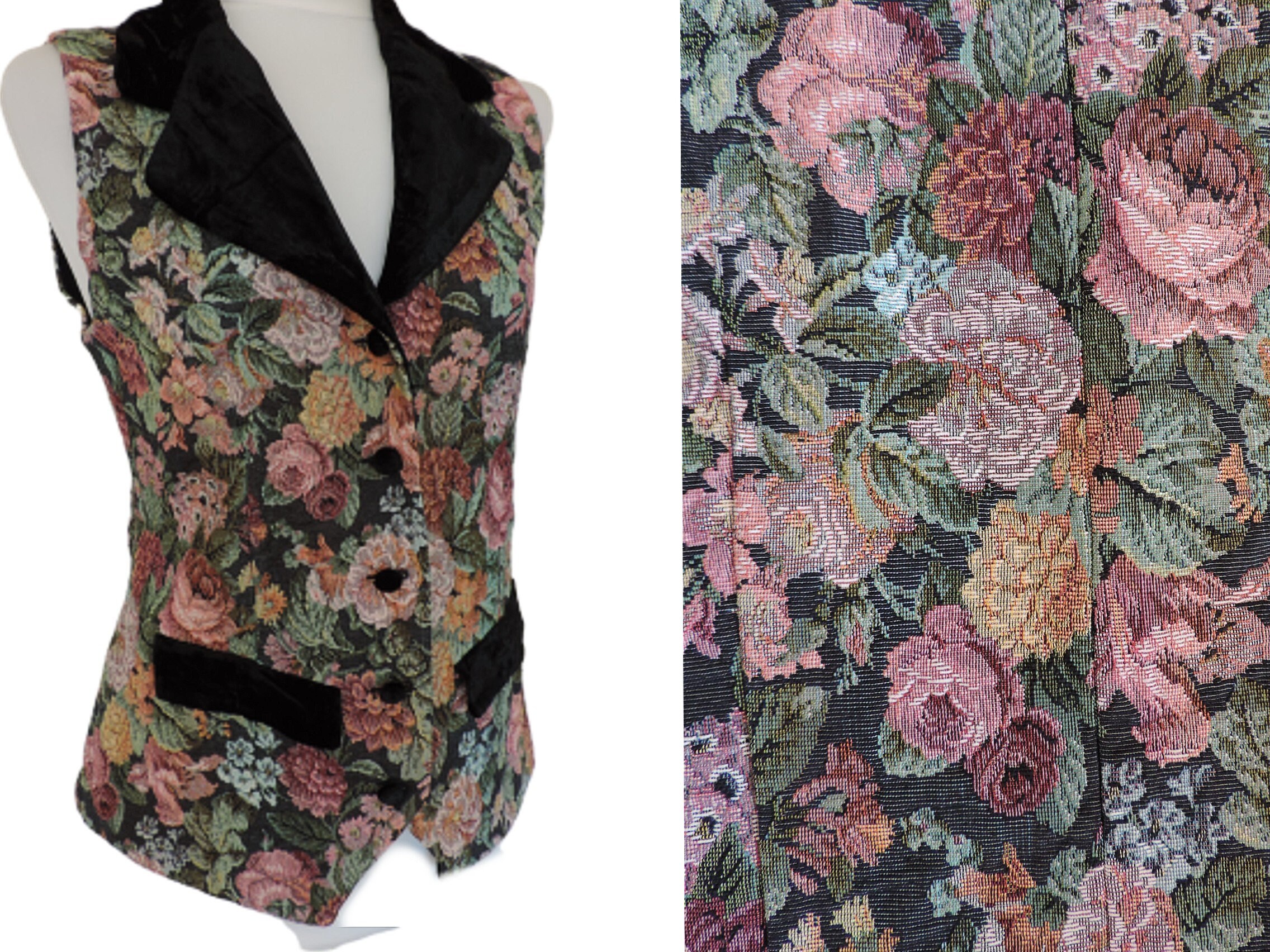 Image of S Tapestry Waistcoat Vest, Womens Renaissance Sleeveless Bohemian Jacket With Velvet Lapels + Pockets Uk  Us
