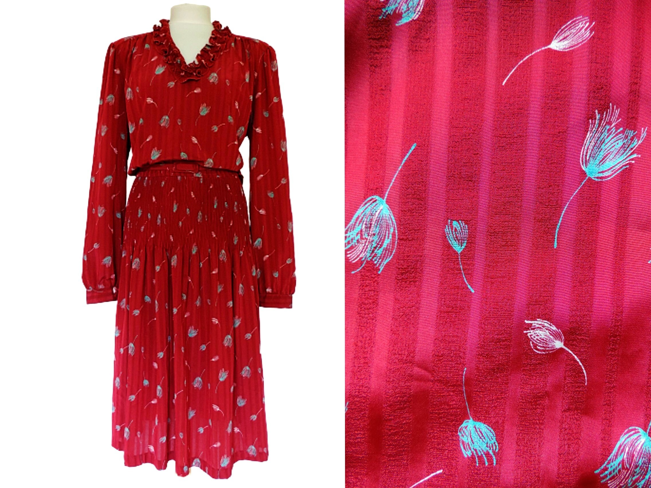 Image of S Red Day Belted Dress With Blue Pattern, Long Sleeves & Crystal Pleat Ruffle Neck Line, Uk  Us