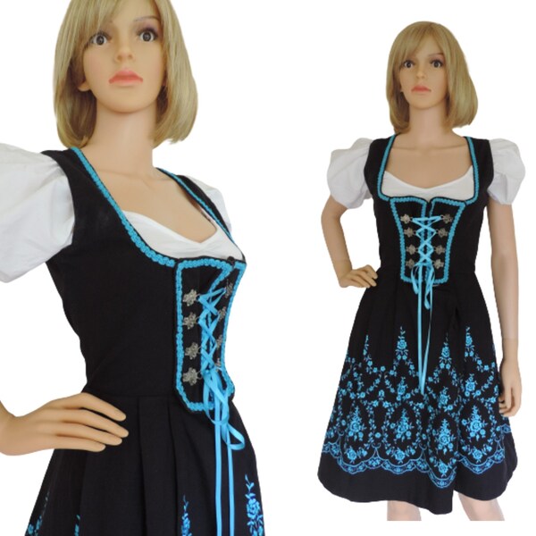 Traditional Dirndl Dress in Black & Blue, Embroidered Austrian Trachten Oktoberfest Folk Dress UK 10