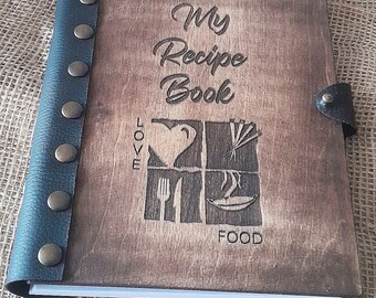 Vintage  style wooden cookbook,My Recipe Book,with artificial leather binding, antique copper rivets