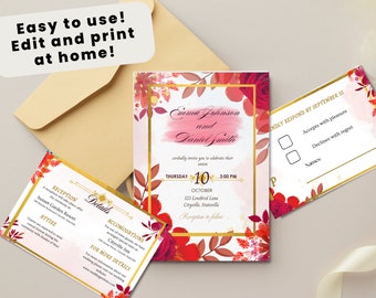 Red and Gold, Floral, Wedding Invitation, Digital Download, Editable Template