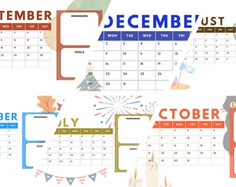 2024 Calendar With Holiday Design each Month - Digital Download