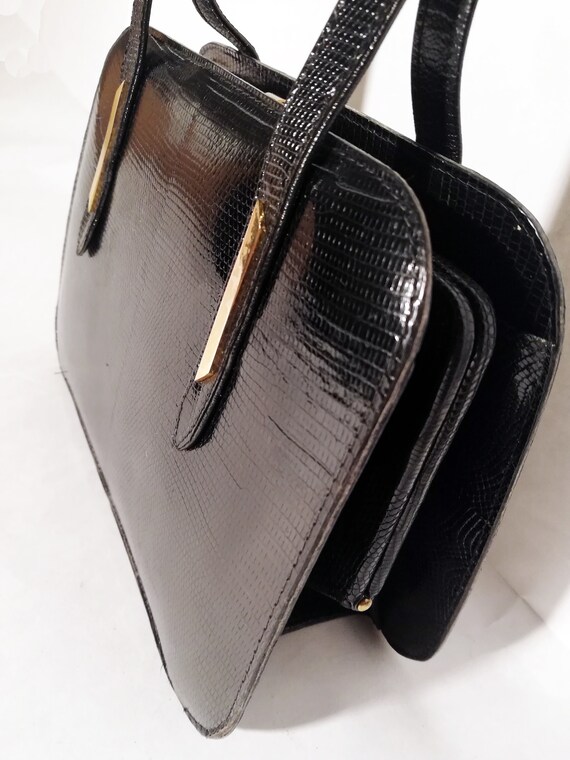 Vintage 1960s bag in genuine black lizard print l… - image 4