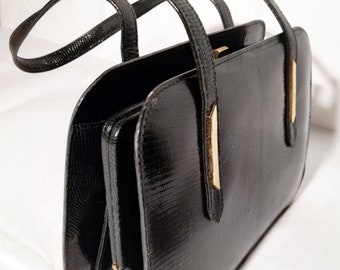 Vintage-Tasche aus den 1960er Jahren aus echtem schwarzem Leder mit Eidechsenprägung