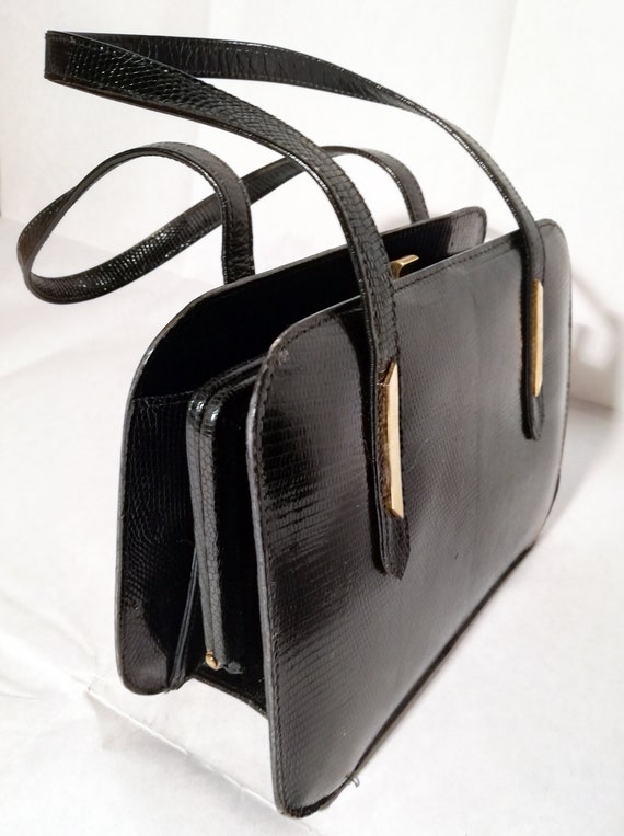 Vintage 1960s bag in genuine black lizard print l… - image 2