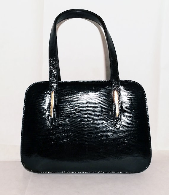 Vintage 1960s bag in genuine black lizard print l… - image 1