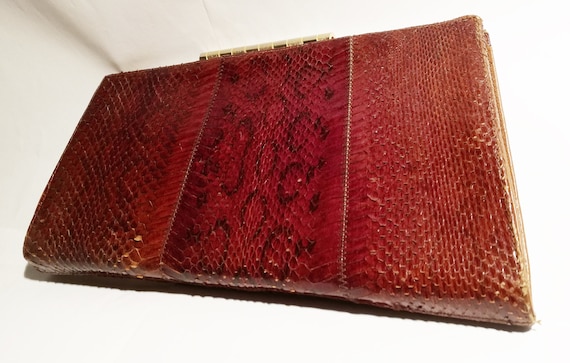 Sac Vintage POURCHET Paris En Peau De Serpent - Pochette De Soirée Gris Foncé, Cuir Authentique, Occasion Bon état