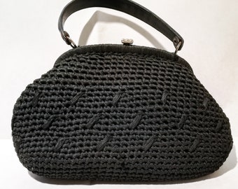 Vintage black woven fabric bag, original from the 1950s