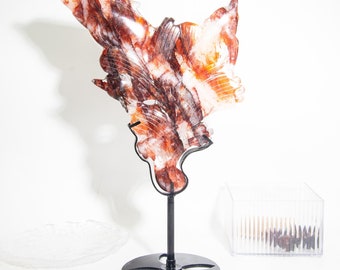 Escultura de golfinho em quartzo de fogo bruto: decoração de casa em cristal com suporte