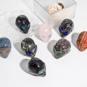 Peut inclure: Une collection de neuf petites figurines en pierre sculptées à la main avec des visages extraterrestres. Chaque figurine a une couleur et une texture différentes, notamment le noir, le gris, le rose, le brun et le blanc. Les figurines ont de grands yeux ronds avec des accents bleus, verts et orange.