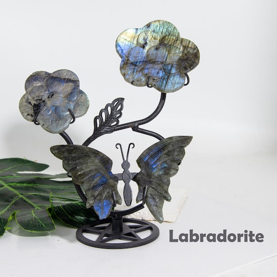 瑪瑙の蝶と花の彫刻セット：クリスタルの羽とホルダー付き - Etsy 日本
