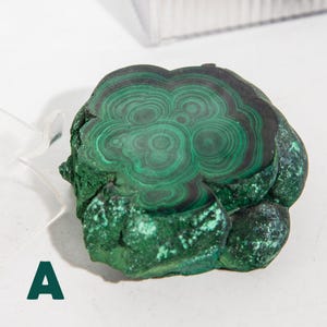 May include: A vibrant green malachite stone with concentric patterns and dark green bands. The natural stone has a rough, textured surface and a polished, swirling interior. The letter "A" is visible in the lower left corner.