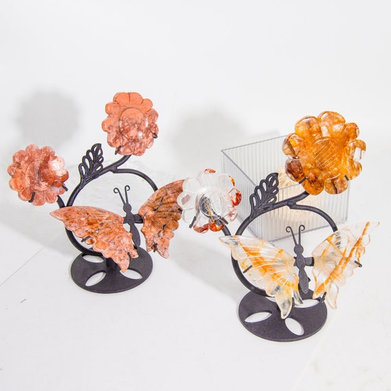 瑪瑙の蝶と花の彫刻セット：クリスタルの羽とホルダー付き - Etsy 日本