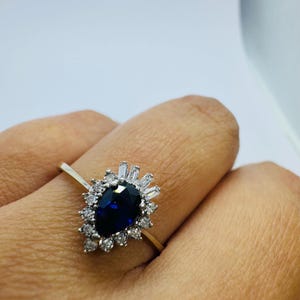Princess Diana ring, white gold 14k, diamonds, sapphire