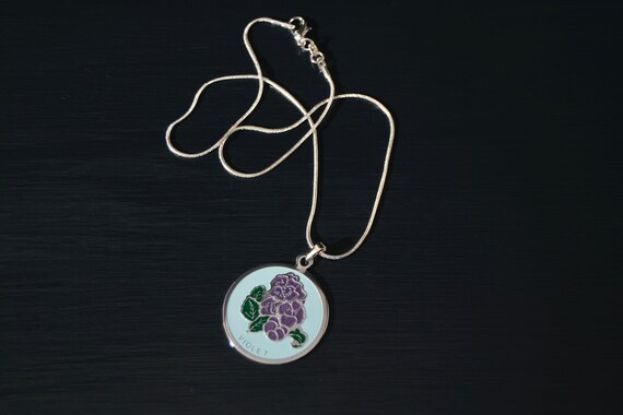 Vintage Enamel Violet Pendant with Silver Necklace - image 2