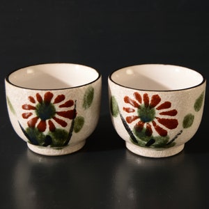 Puede incluir: Dos peque&ntilde;as tazas de t&eacute; de cer&aacute;mica blanca con un dise&ntilde;o floral. Las tazas tienen un patr&oacute;n floral marr&oacute;n, rojo y verde con un contorno negro.