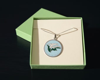 Vintage Enamel Lily of the Valley Pendant with Silver Necklace
