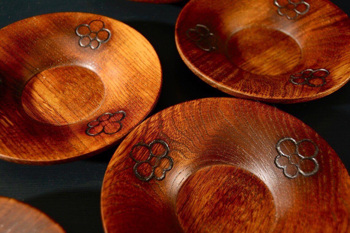 Japanese Carved Wooden Tea Coasters Set of 5 Etsy