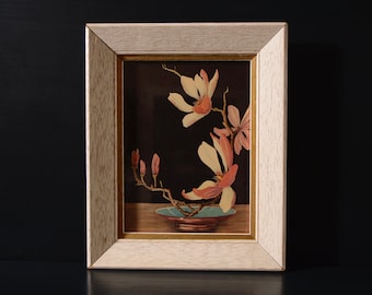 Vintage Ikebana Still Life Lithograph, Magnolias