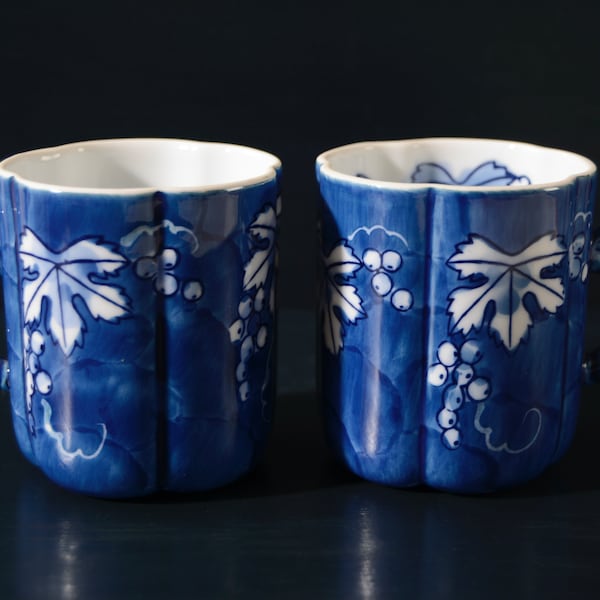 Small Japanese Grape Mugs with Petaled Rim, Set of 2