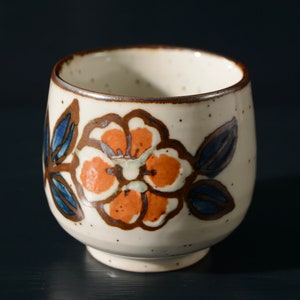 Japanese Stoneware Tea Cup, Orange and Blue Flower