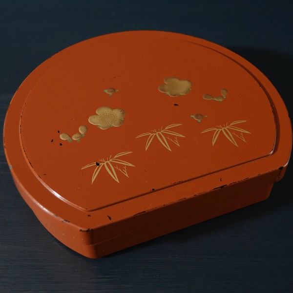 Semi-Circular Lacquer Style Box & Lid with Cherry Blossoms and Bamboo