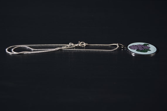 Vintage Enamel Violet Pendant with Silver Necklace - image 6