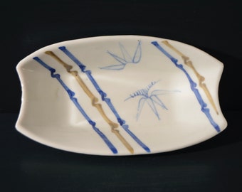 Japanese Oblong Small Dish with Bamboo Leaves and Stripes