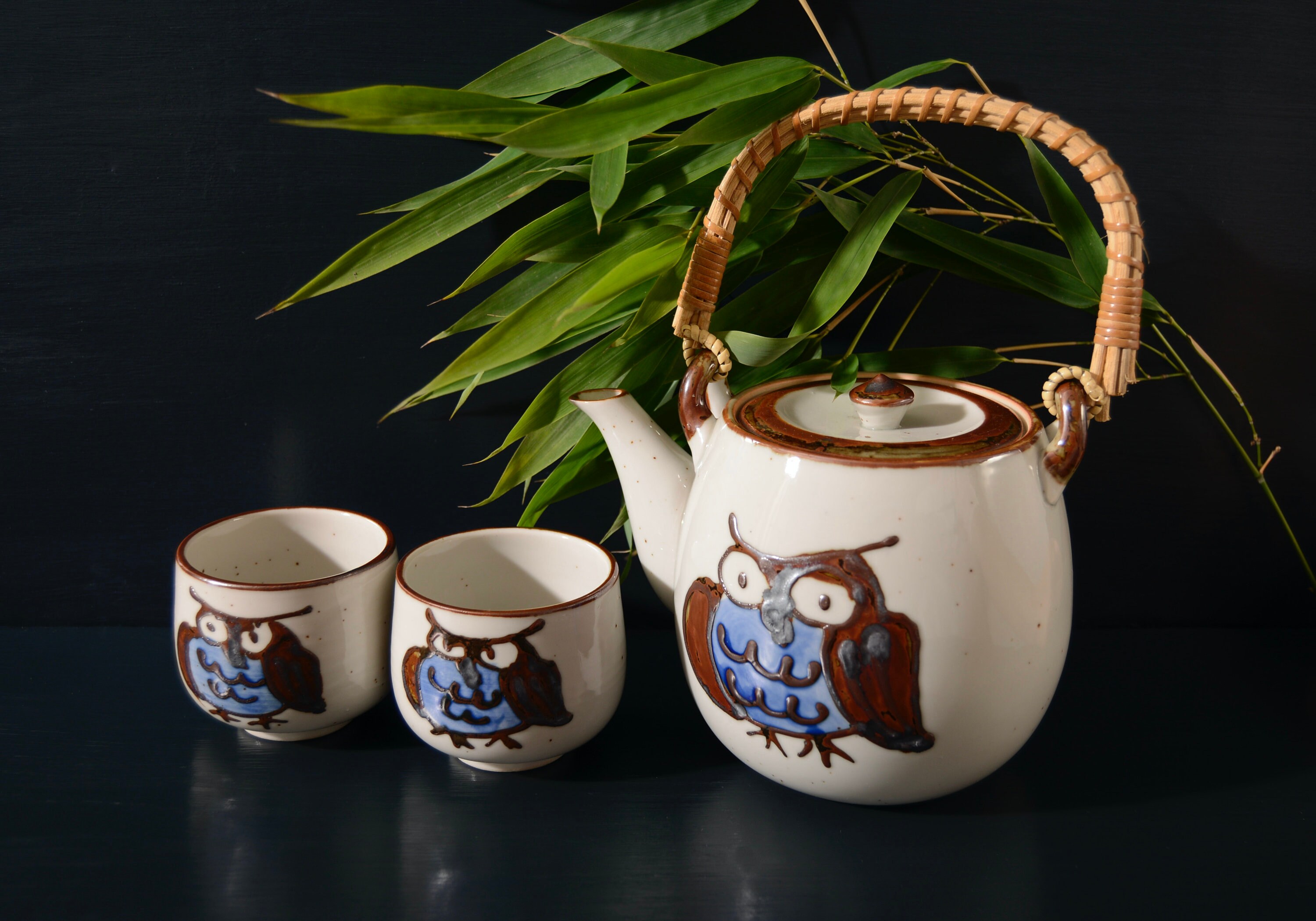 Stoneware Owl Tea Set Teapot and Two Cups Etsy