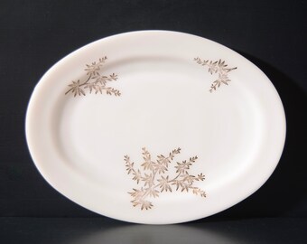 Oval Milk Glass Serving Platter, Gold Bamboo