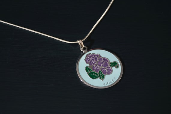Vintage Enamel Violet Pendant with Silver Necklace - image 4