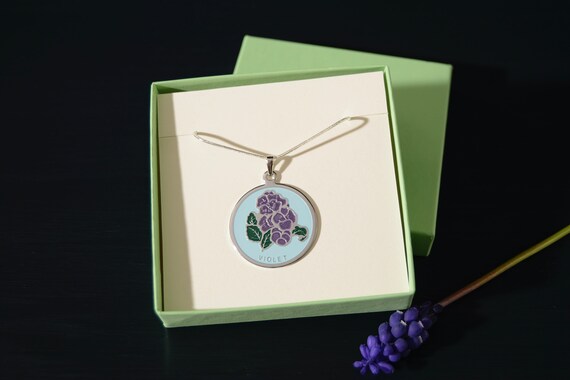 Vintage Enamel Violet Pendant with Silver Necklace - image 10