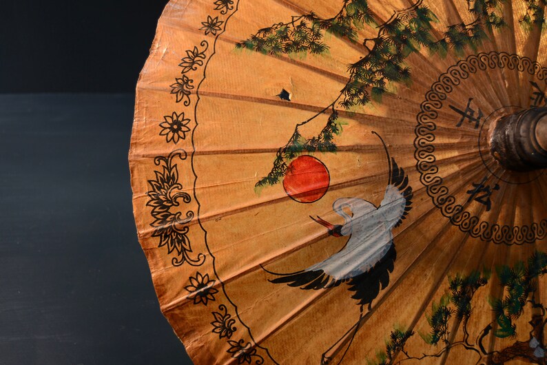 Vintage Japanese Parasol 50s Crane and Pine