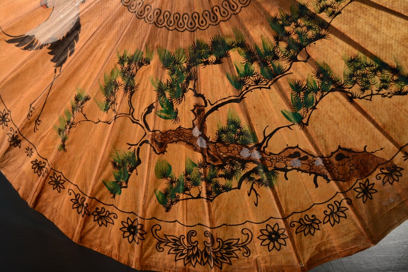 Vintage Japanese Parasol 50s Crane and Pine